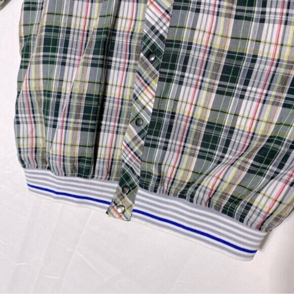 Jones New York Green Wht Plaid Short Sleeve Elastic Hem Snap Front Golf Shirt XL - Picture 7 of 14